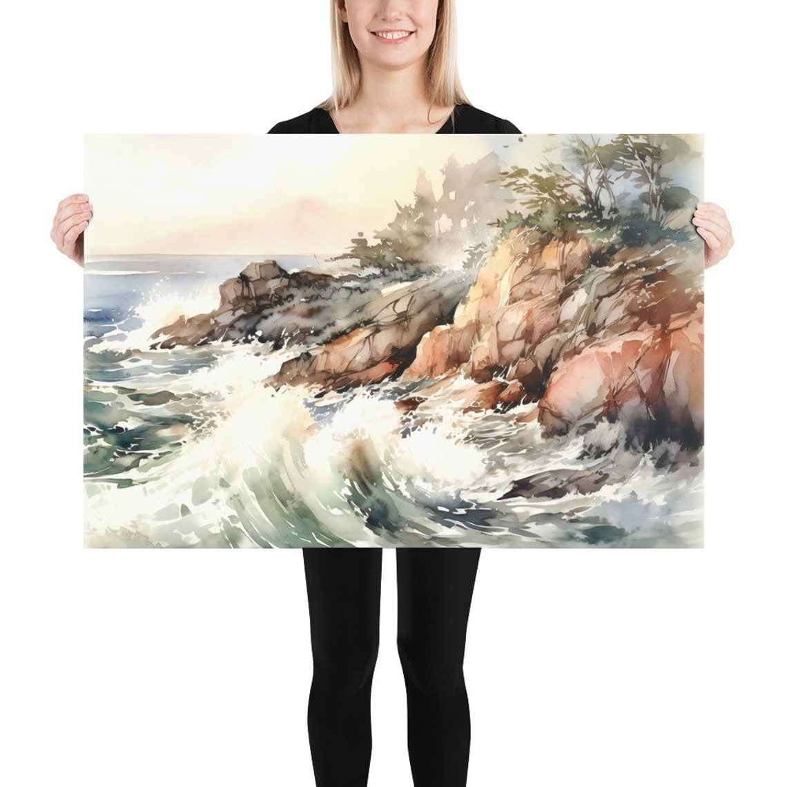 Ocean Waves Crashing Watercolor with Rocky Cliffs and Trees Poster - Image 5