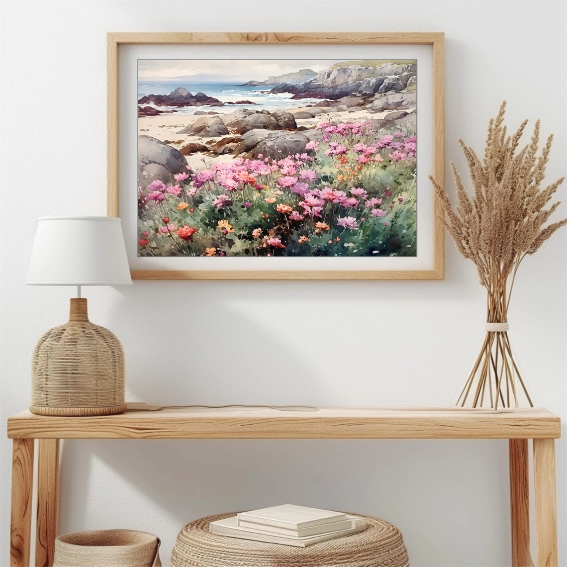 Coastal Cliffs Watercolor with Pink Wildflowers and Beach Poster - Image 2