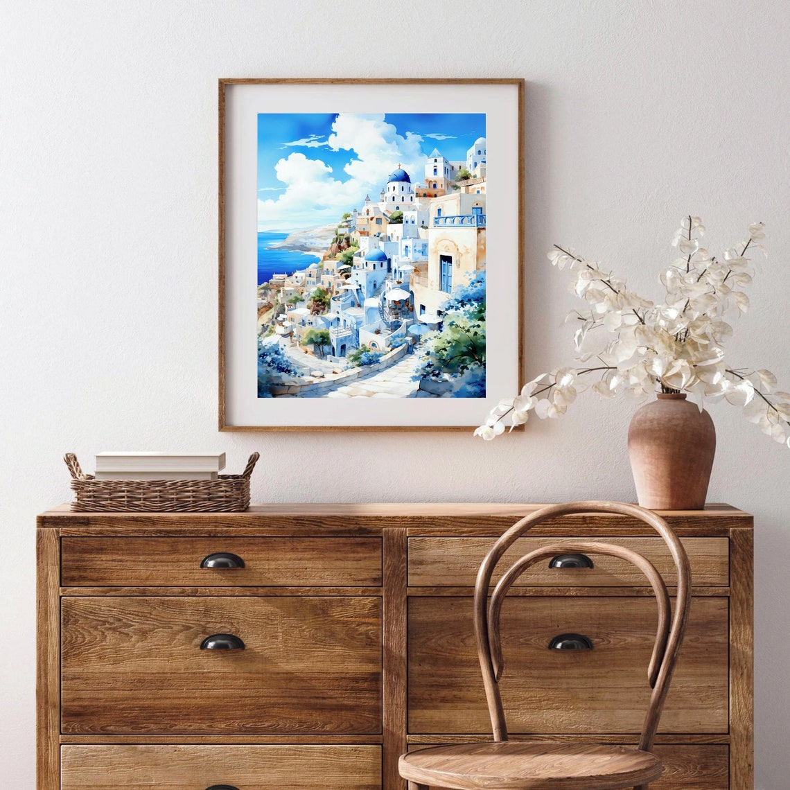Santorini Greece Blue Dome Churches Cliffside Watercolor Art Poster - Image 3