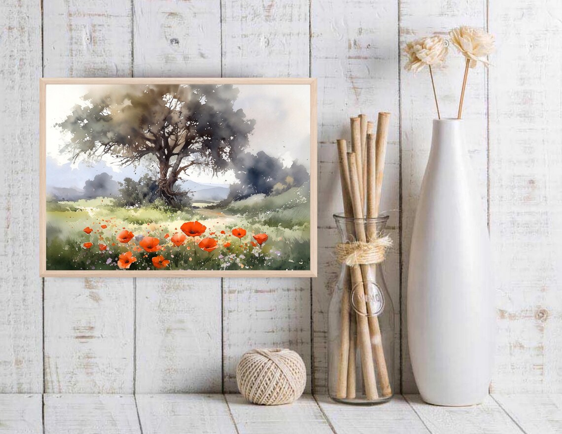 Summer Landscape Print, Spring Meadow Poppy Field - Image 4