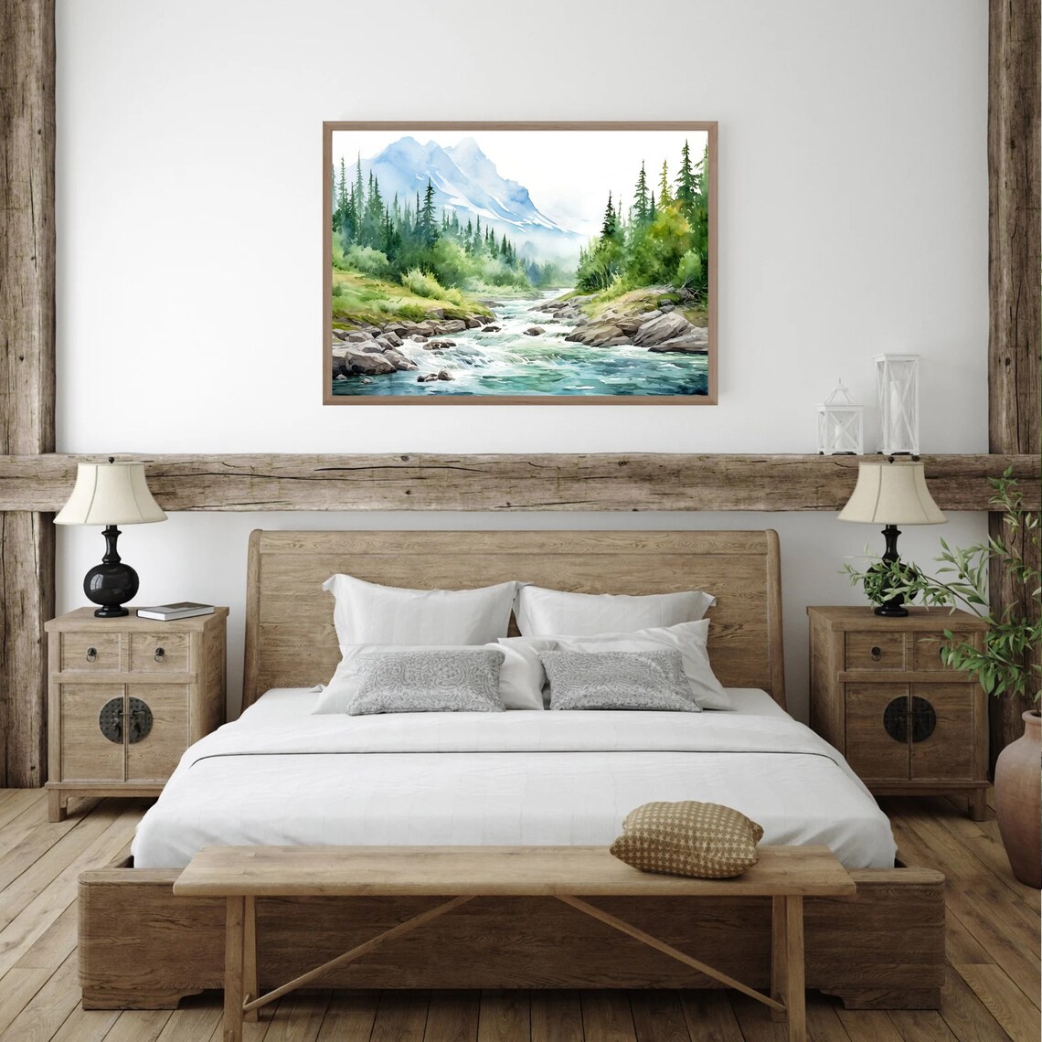 Mountain River Watercolor Landscape, Minimalist Wall Art - Image 3