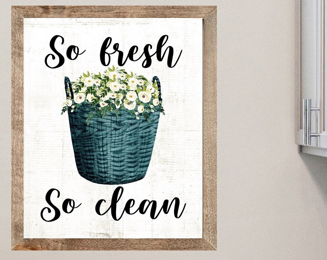 So Fresh So Clean Teal Laundry Basket Floral Farmhouse Poster