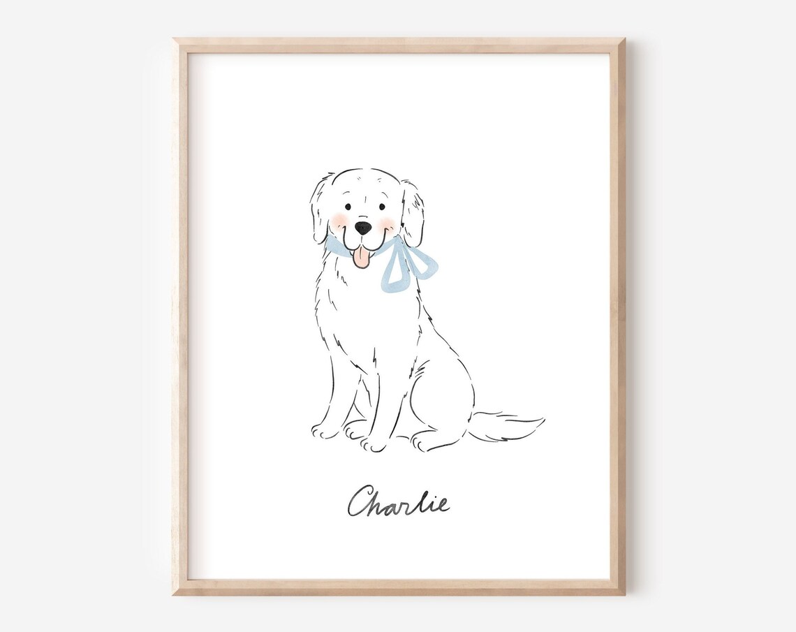 Minimalist Line Art Custom Dog Portrait Blue Ribbon Charlie Poster