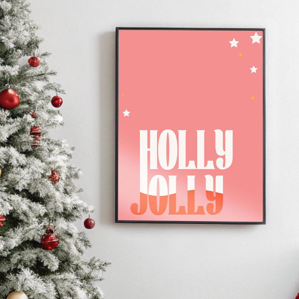 Holly Jolly Retro Bold Typography Pink Trendy Christmas Wall Art