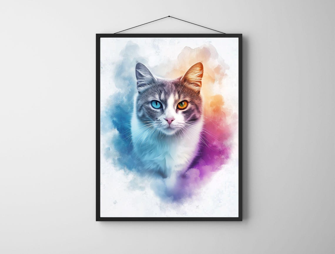 Gray Watercolor Cat Portrait Odd Eyes Pastel Splash Art Print - Image 7
