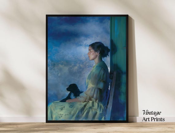 Blue Evening Slowly Falling Vintage Woman Portrait Painting Moody Print Victorian Art Print Wall Art