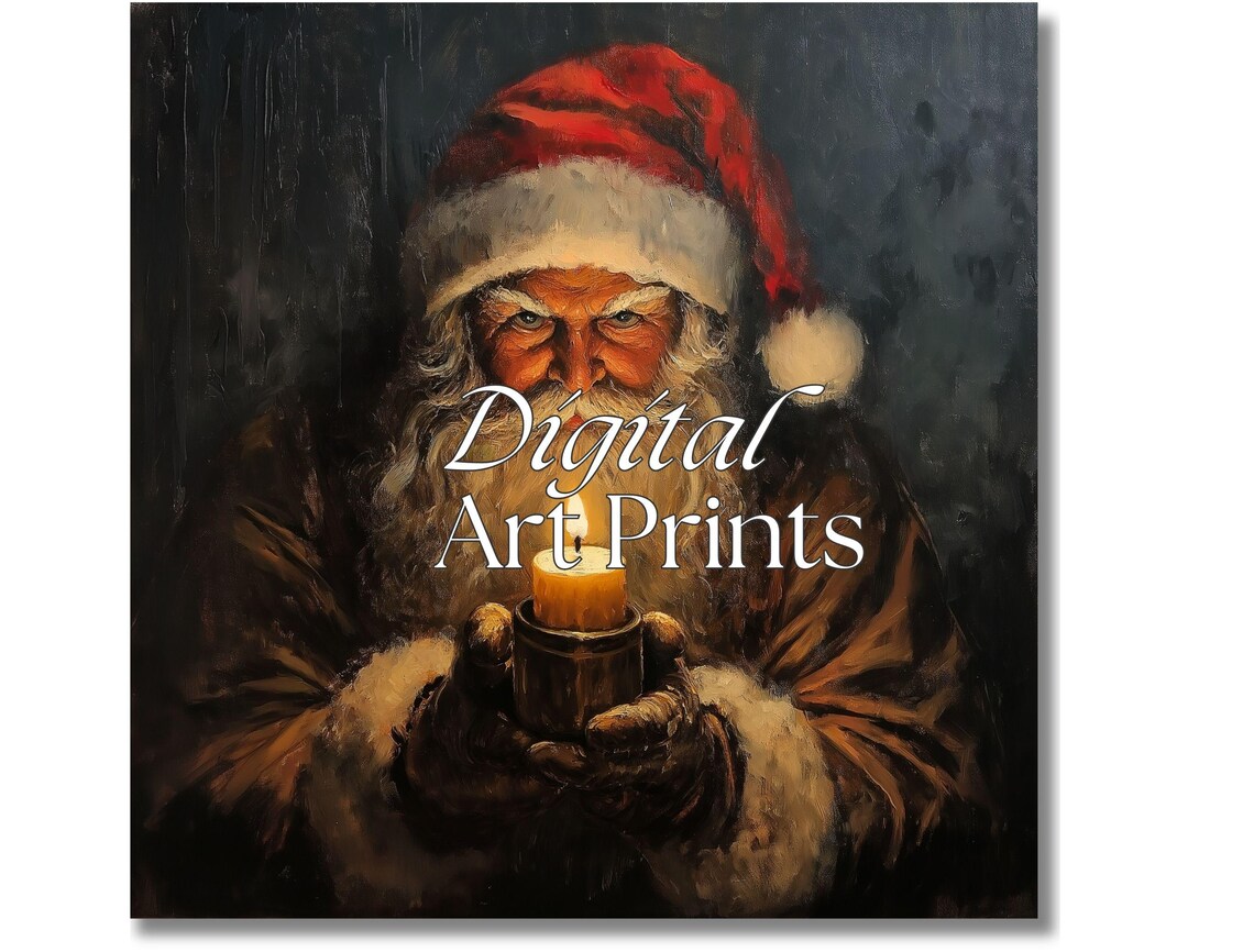Moody Santa Claus Holding Candle Vintage Dark Christmas Oil Poster - Image 2