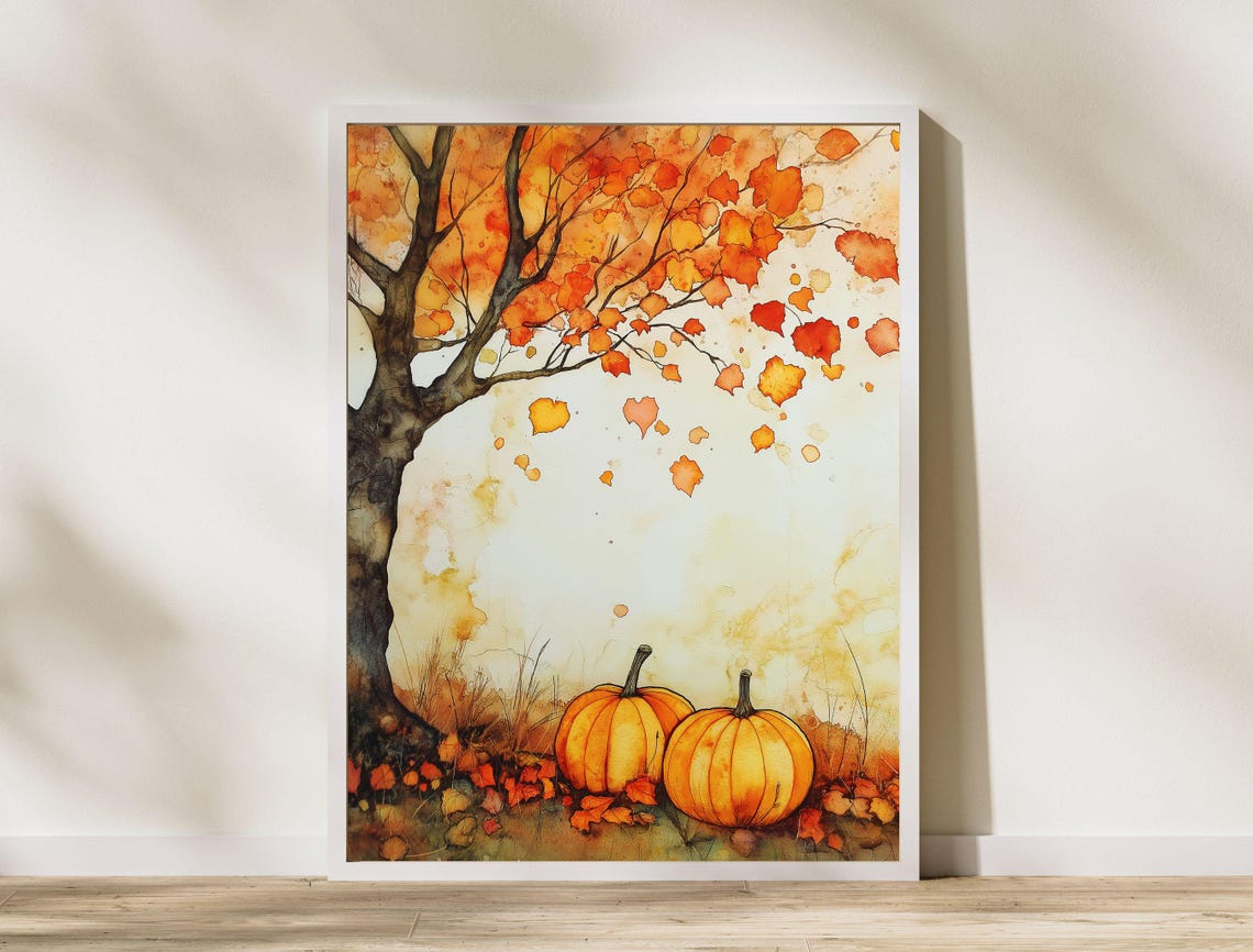 Autumn Tree Showering Orange Leaves Over Two Pumpkins Poster - Image 7