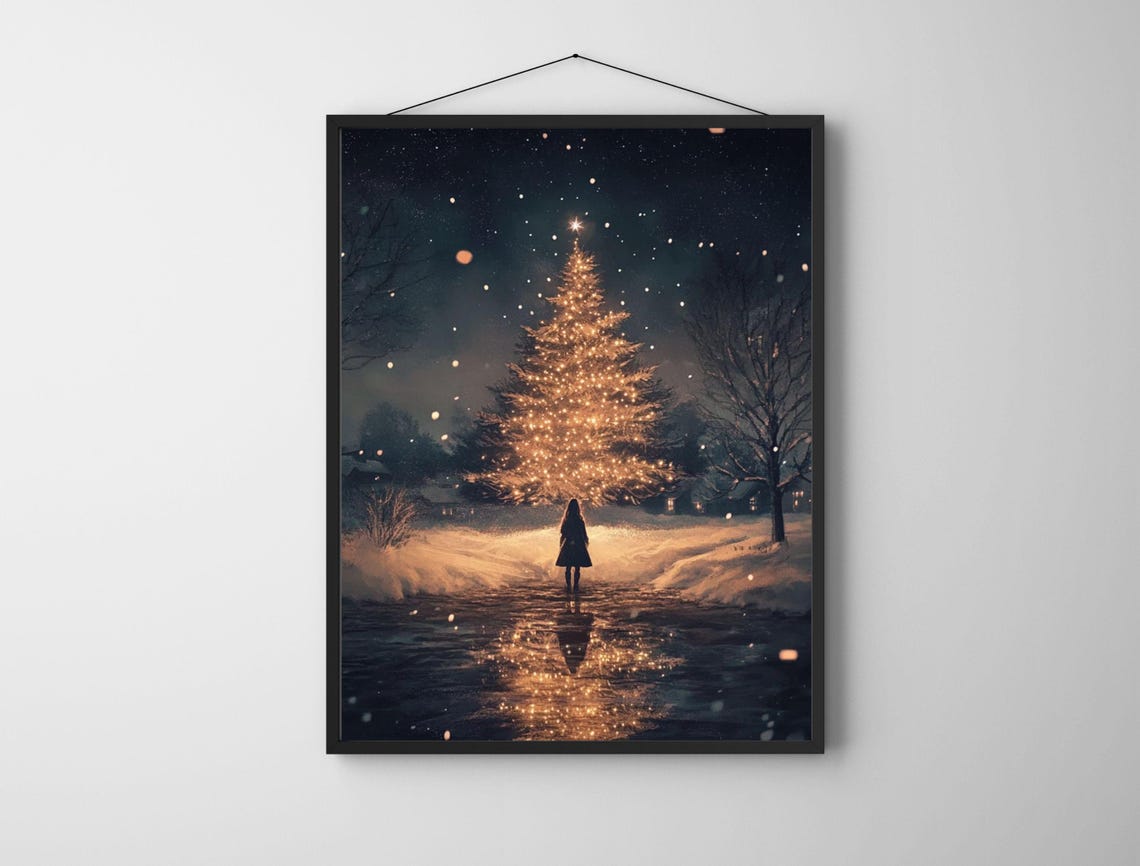 Girl Under Giant Glowing Christmas Tree Snowy Night Magical Poster - Image 6