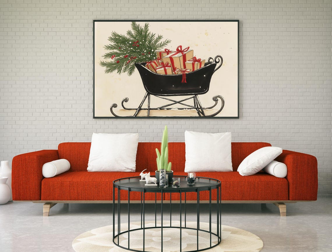 Vintage Black Sleigh Loaded With Gifts and Pine Christmas Poster - Image 3