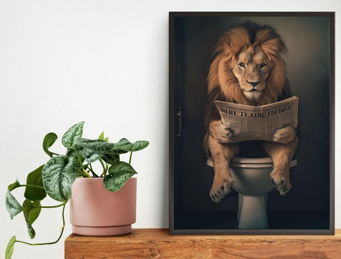 Funny Lion Sitting on Toilet Reading Newspaper Bathroom Art Print - Image 4