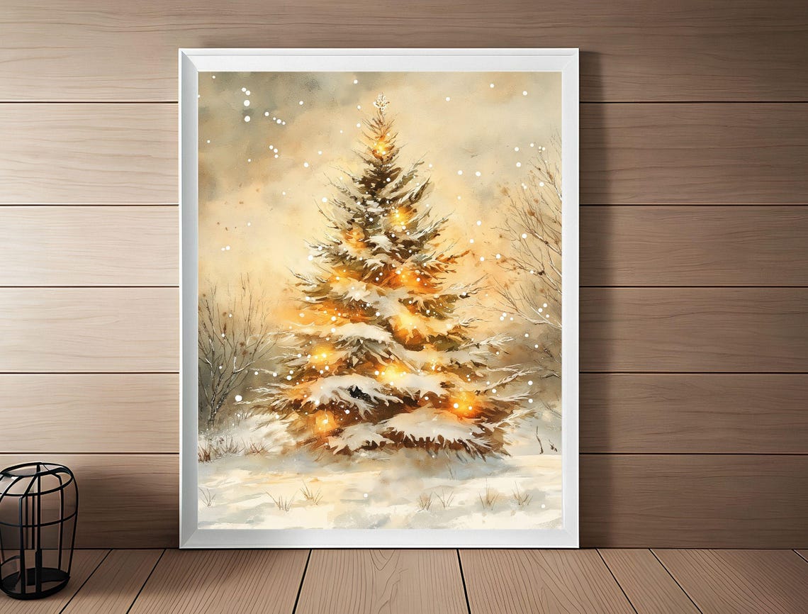 Glowing Snow Covered Pine Tree Winter Watercolor Holiday Poster - Image 3