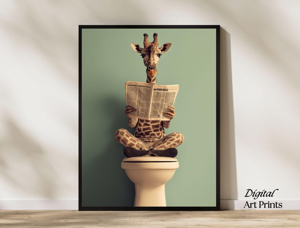 Funny Giraffe on Toilet Reading Newspaper Bathroom Art Print
