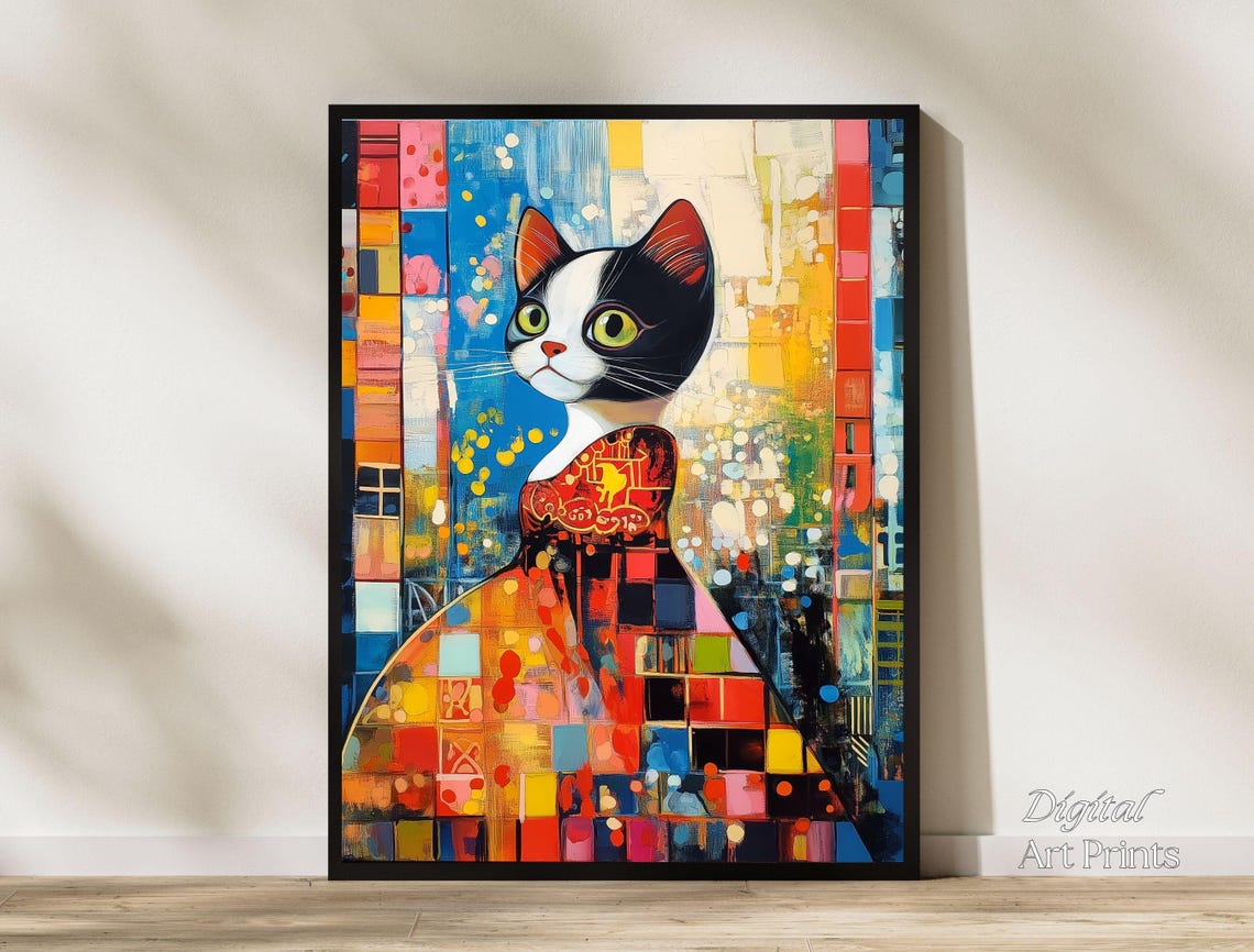 Colorful Mosaic Tuxedo Cat Abstract Patchwork Portrait Art Print