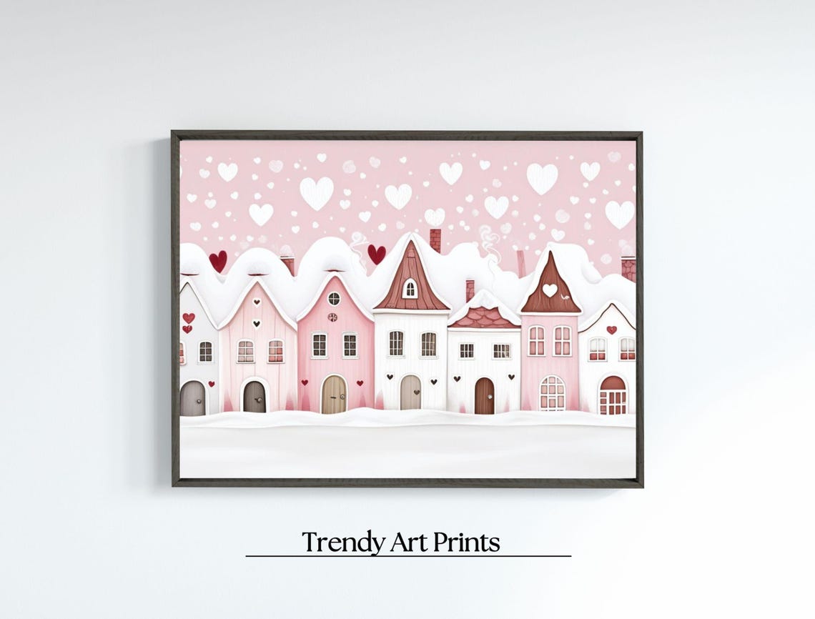 Blushing Pink Snow Village Falling Hearts Winter Romance Art Print - Image 7
