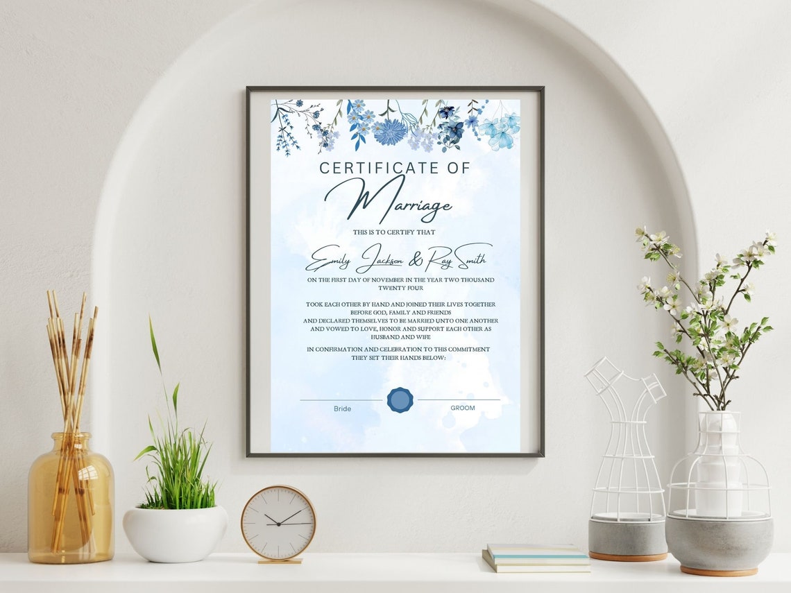 Marriage Certificate Template Blue Floral Watercolor Keepsake Print - Image 7