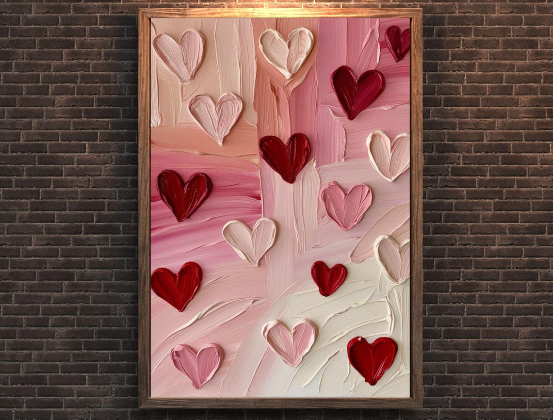 Textured Impasto Hearts Painting Pink Red Valentine Love Art Poster - Image 6