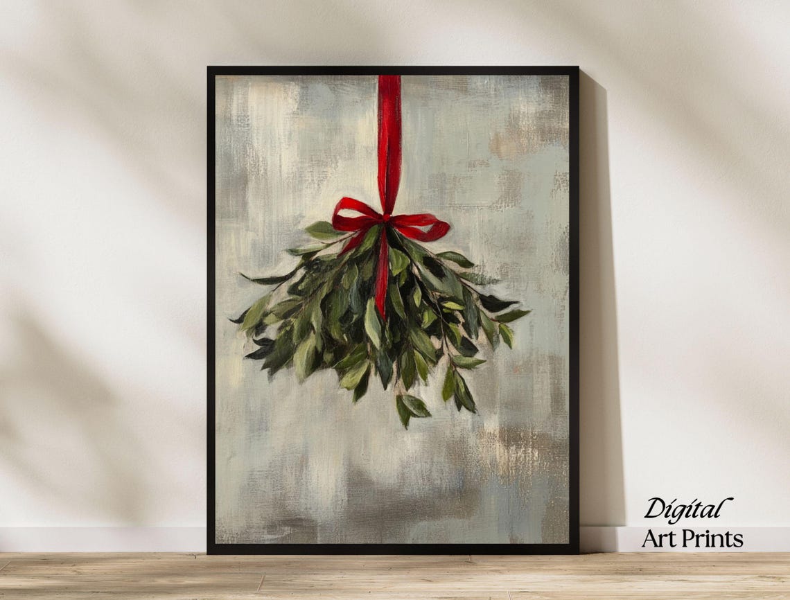 Hanging Mistletoe Sprig With Red Ribbon Minimalist Christmas Poster