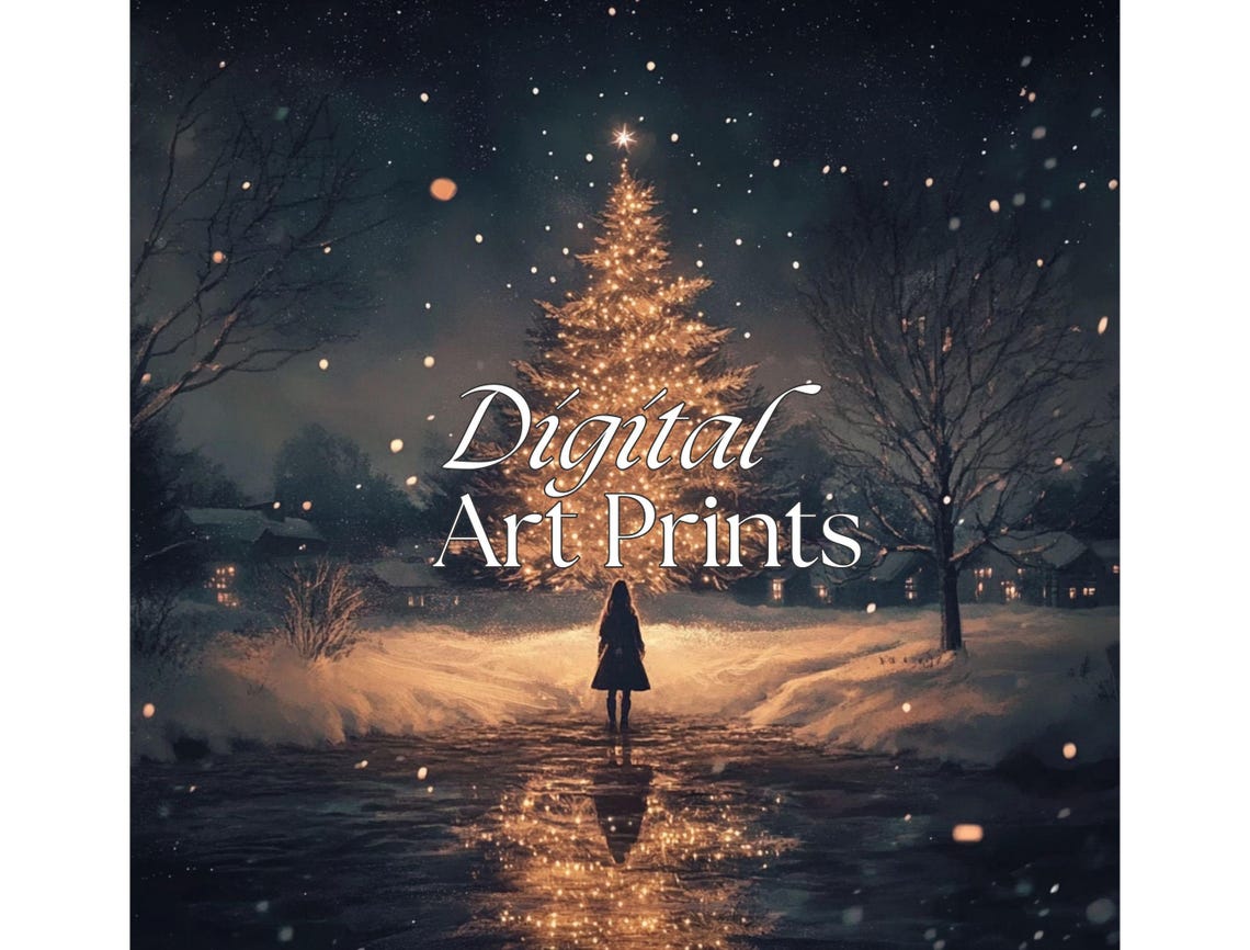 Girl Under Giant Glowing Christmas Tree Snowy Night Magical Poster - Image 2