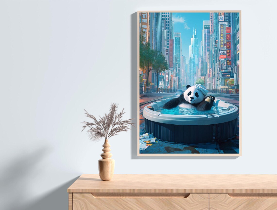 Funny Giant Panda Hot Tub City Street Surreal Whimsy Art Print - Image 4