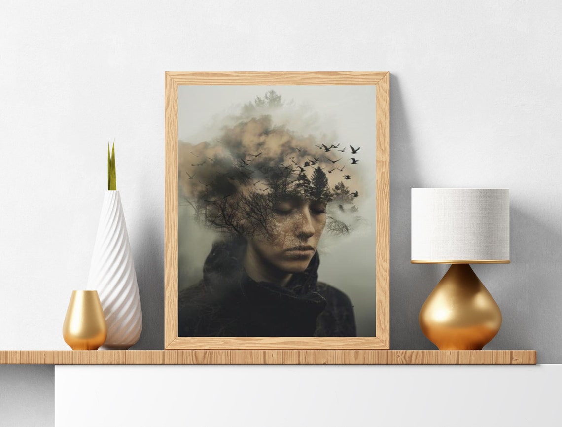 Double Exposure Woman Forest Birds Misty Surreal Artistic Wall Art - Image 3