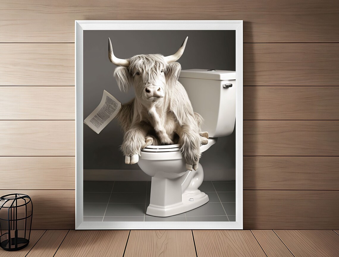 Highland Cow Sitting On Toilet Reading Newspaper Funny Bathroom Poster - Image 7
