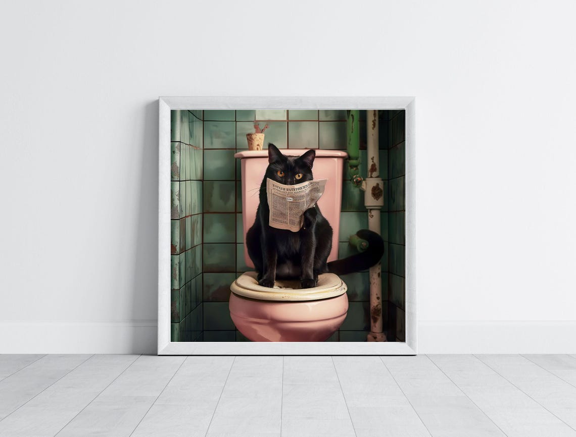 Funny Black Cat Sitting on Toilet Reading Newspaper Bathroom Poster - Image 4