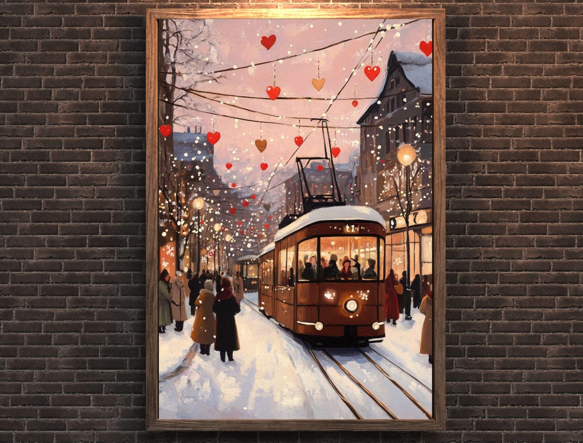 Pink Winter Dusk Tram Snowy Street Heart Garland Scene Art Print - Image 7