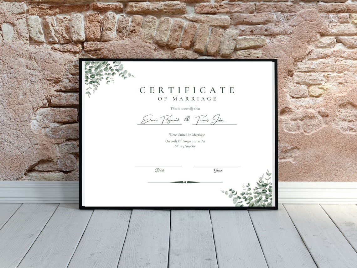 Marriage Certificate Template Eucalyptus Greenery Wedding Print - Image 2