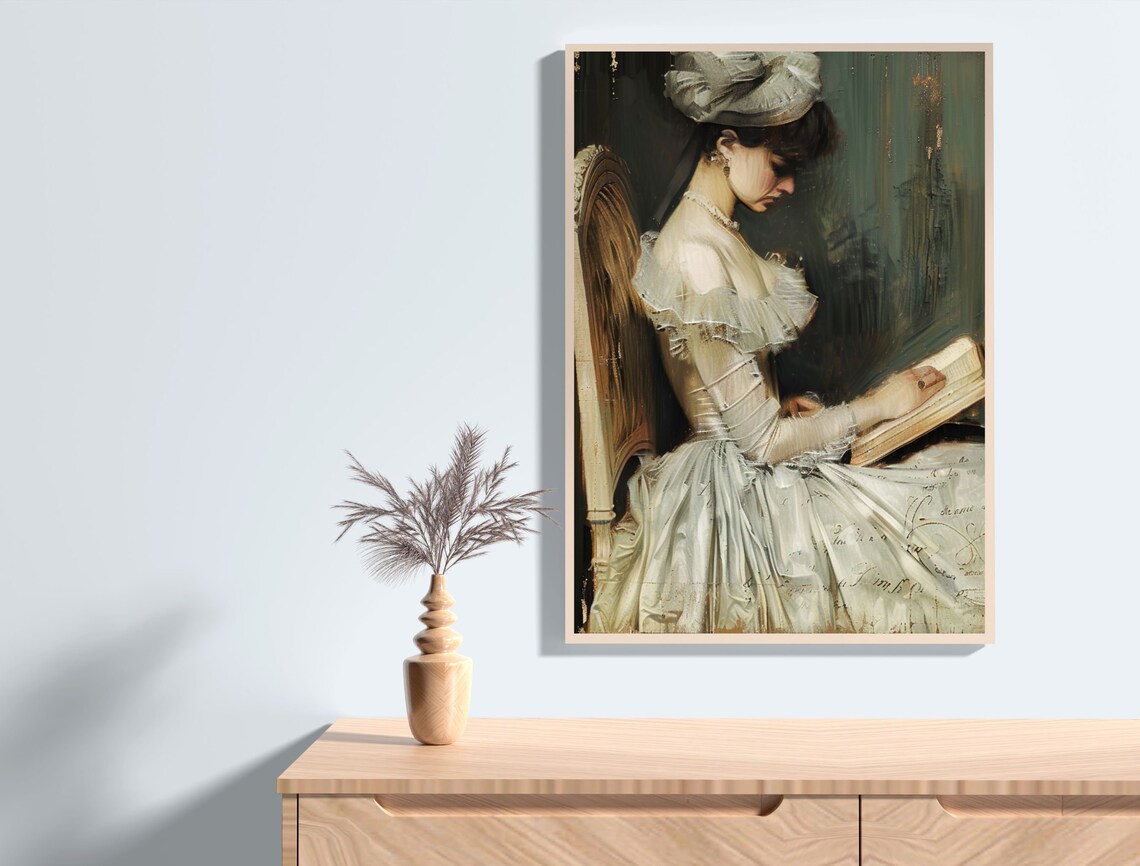 Antique Portrait of Woman Reading Vintage Elegant Lady Oil Poster - Image 3