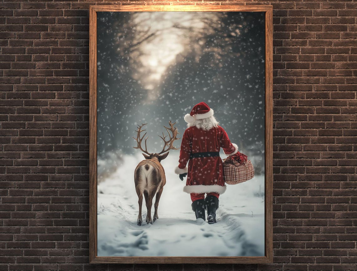 Santa Claus Walking With Reindeer In Snowfall Vintage Christmas Poster - Image 7