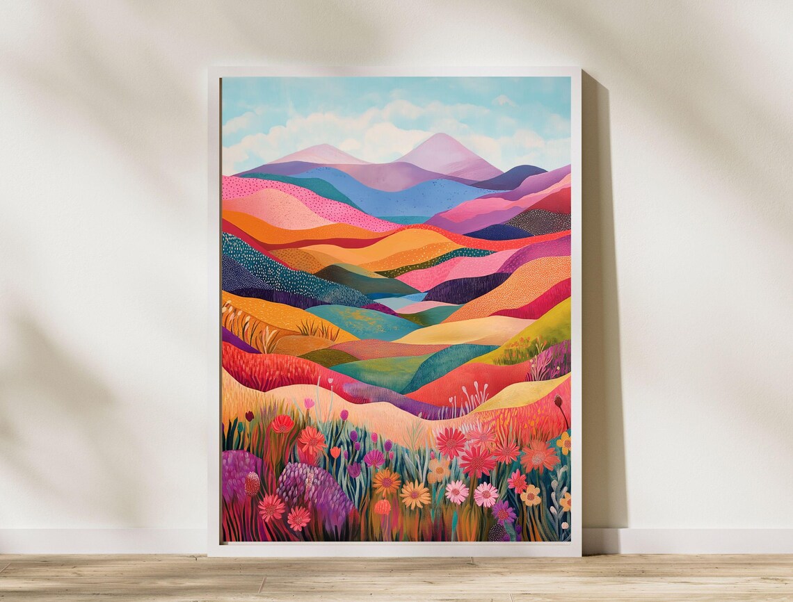Vivid Colorful Layered Mountain Hills Wildflower Meadow Art Print - Image 8