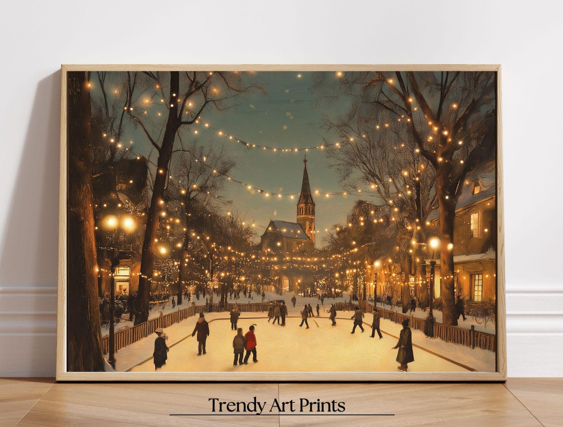 Winter Ice Skating Pond String Lights Church Vintage Art Print - Image 8