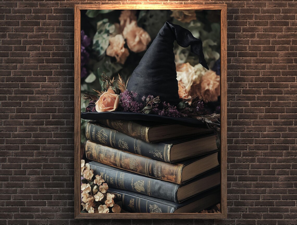 Witch Hat with Flowers on Antique Books Dark Academia Poster - Image 6