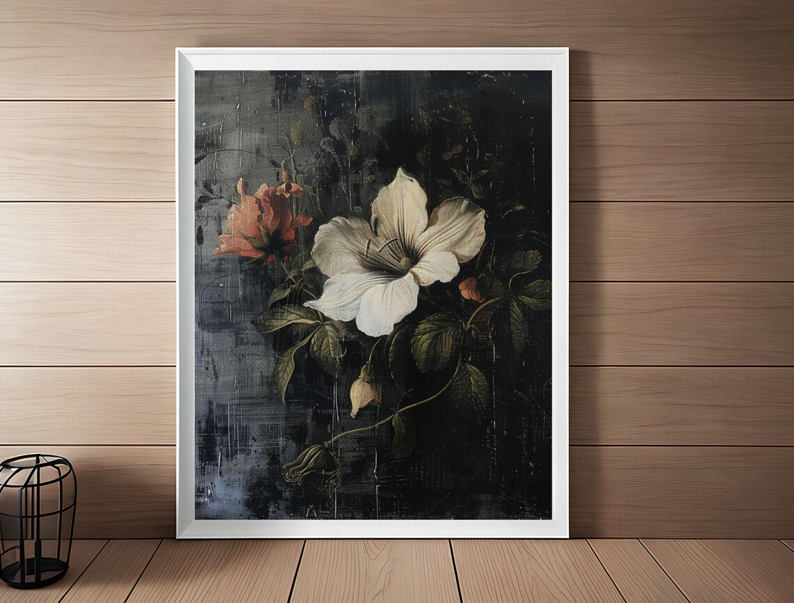 Dark Moody White Lily Bloom Vintage Floral Oil Painting Art Print - Image 6
