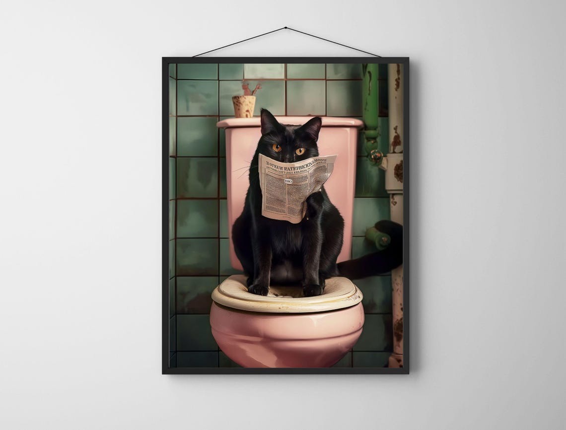 Funny Black Cat Sitting on Toilet Reading Newspaper Bathroom Poster - Image 7