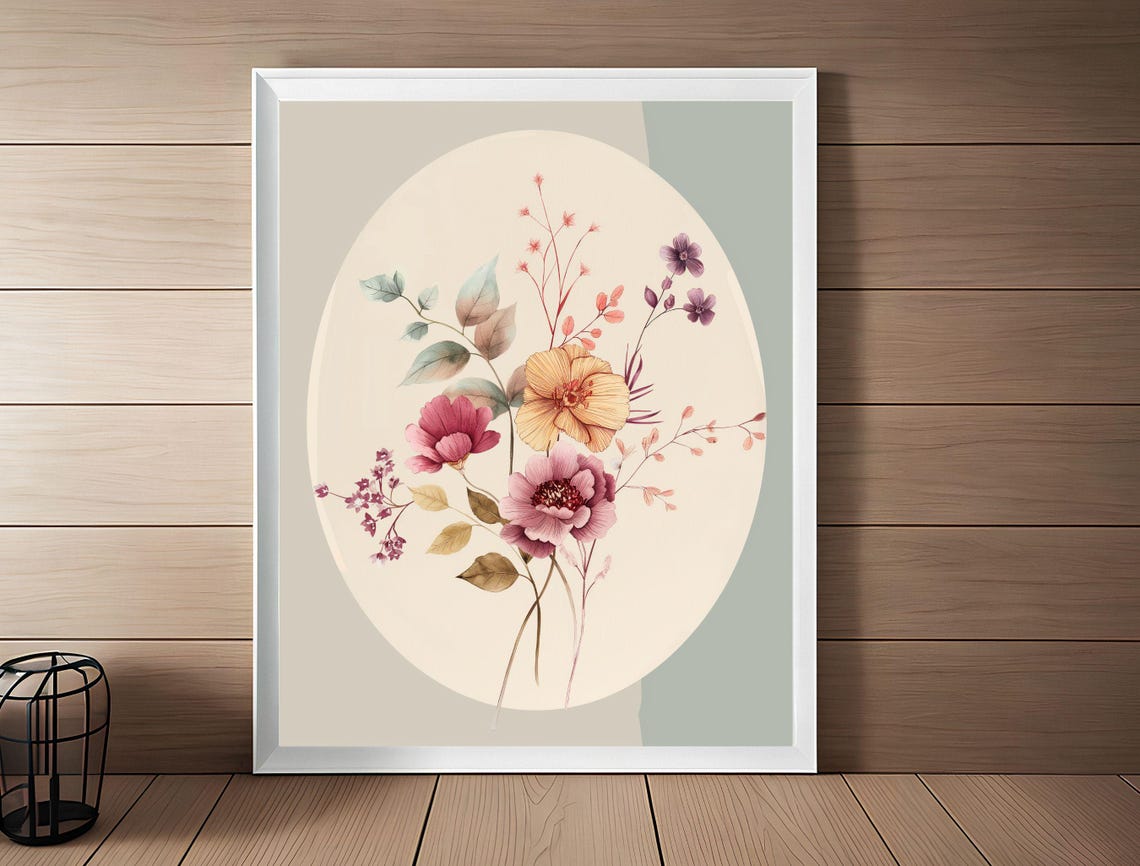 Watercolor Wildflower Bouquet Botanical Oval Sage Green Wall Art - Image 3