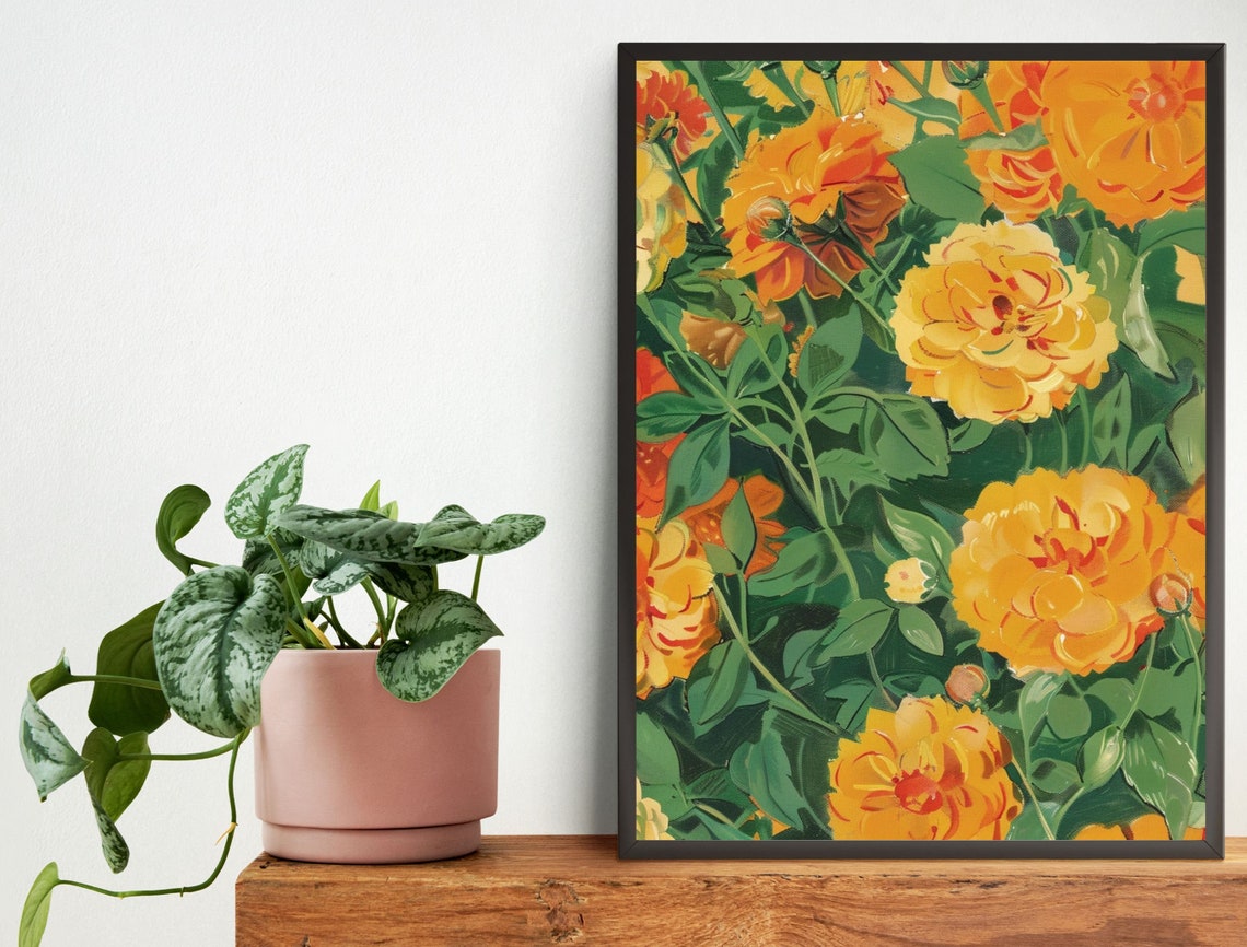 Lush Golden Yellow Roses in a Dense Painterly Summer Garden Poster - Image 2