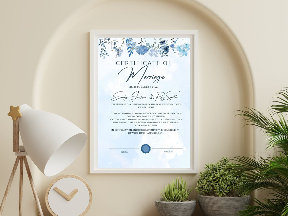 Marriage Certificate Template Blue Floral Watercolor Keepsake Print - Image 6