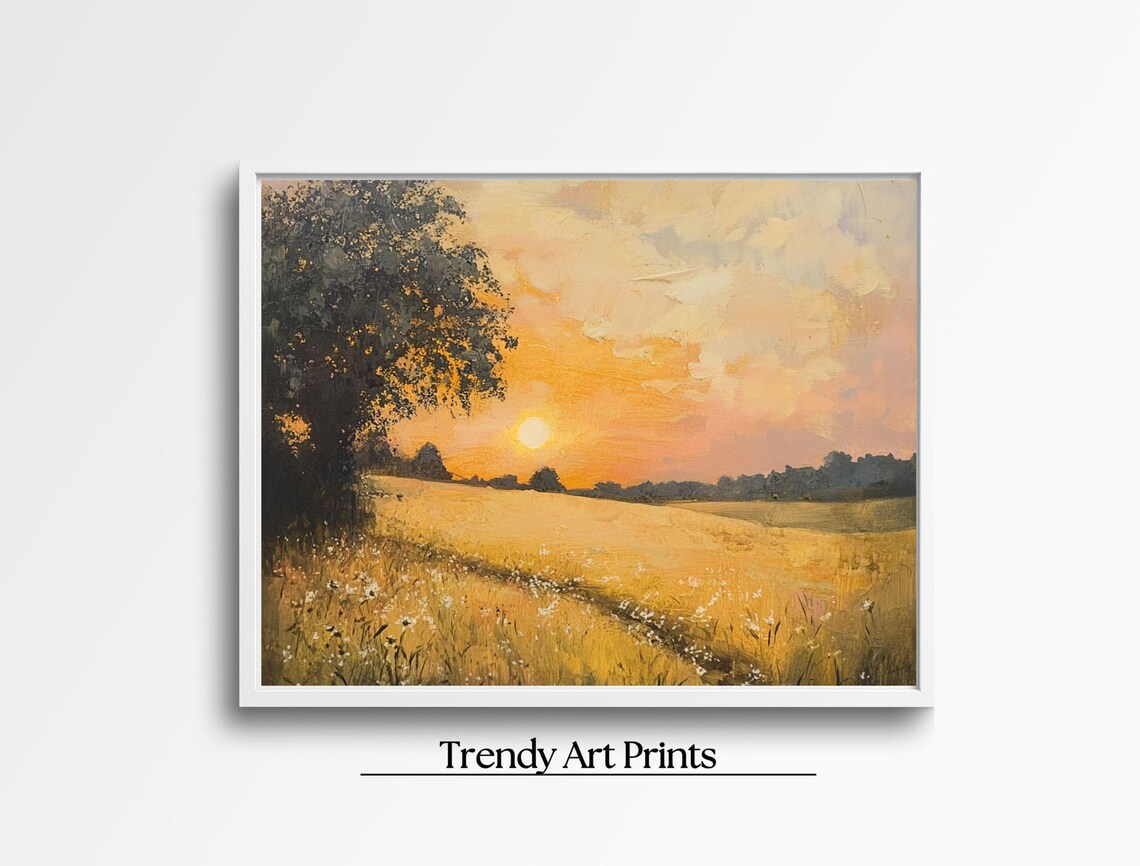 Warm Golden Sunset Field Tree Oil Painting Landscape Art Print - Image 2