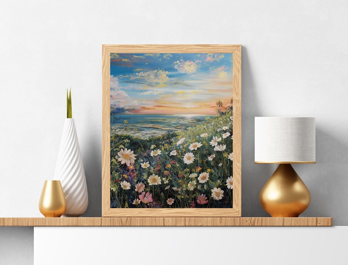 Sunset Meadow Wildflower Field Daisy Painting Coastal Summer Art Poster - Image 7