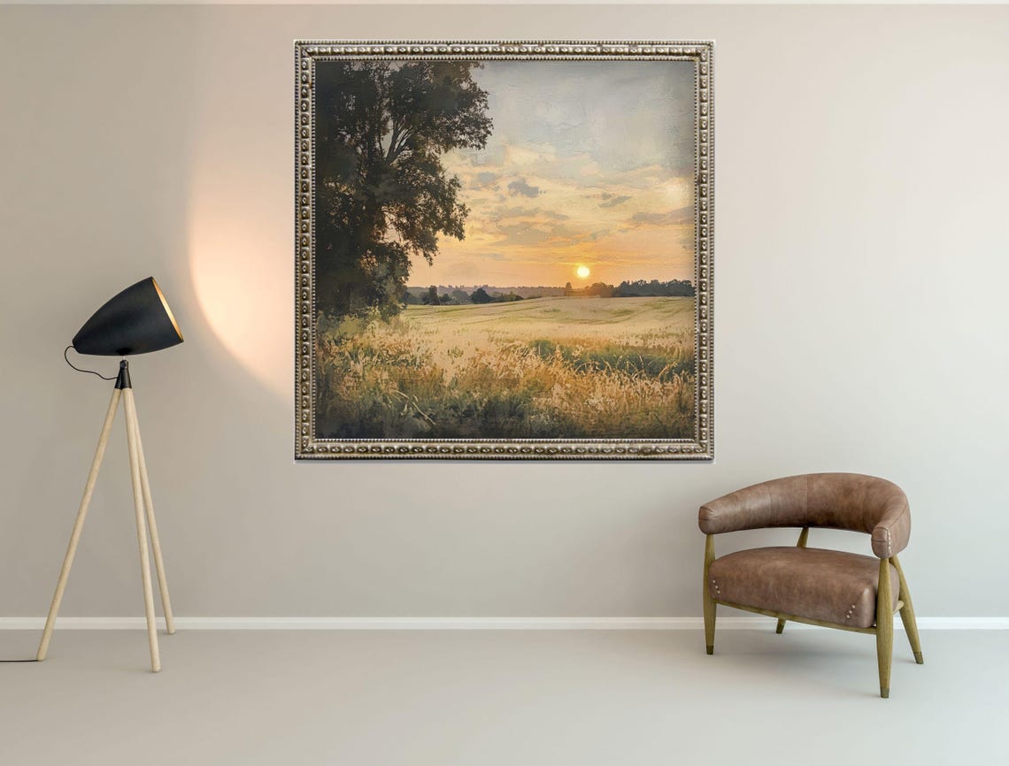 Sunset Over Wheat Field Tree Square Vintage Landscape Art Print - Image 2
