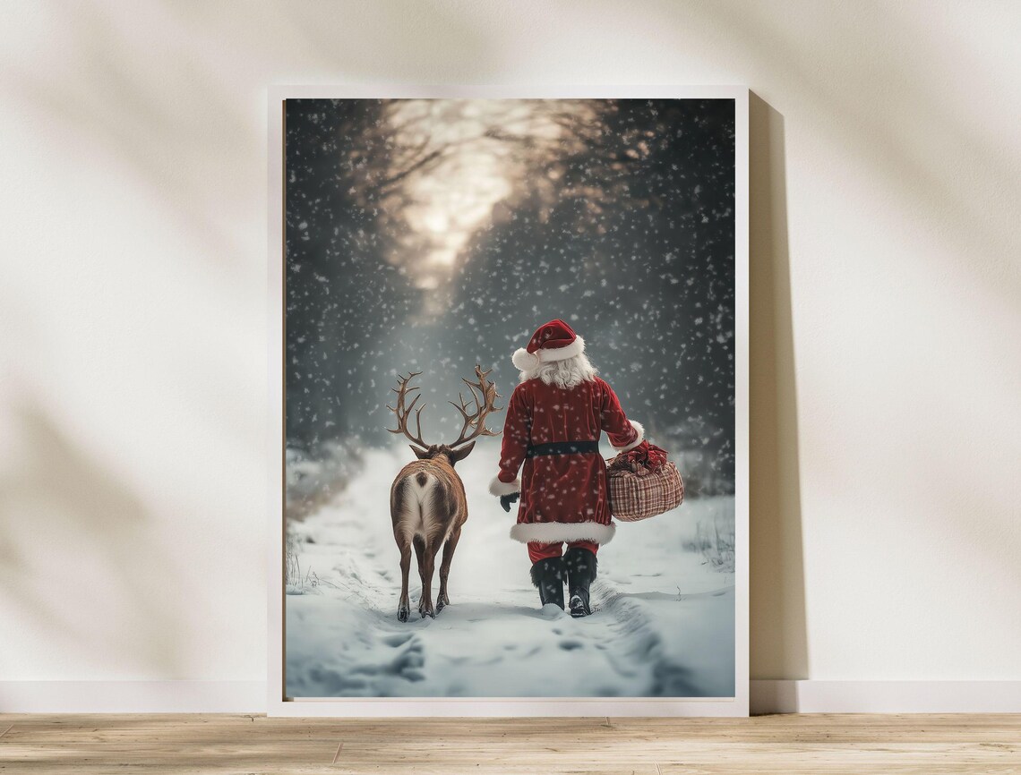 Santa Claus Walking With Reindeer In Snowfall Vintage Christmas Poster - Image 8