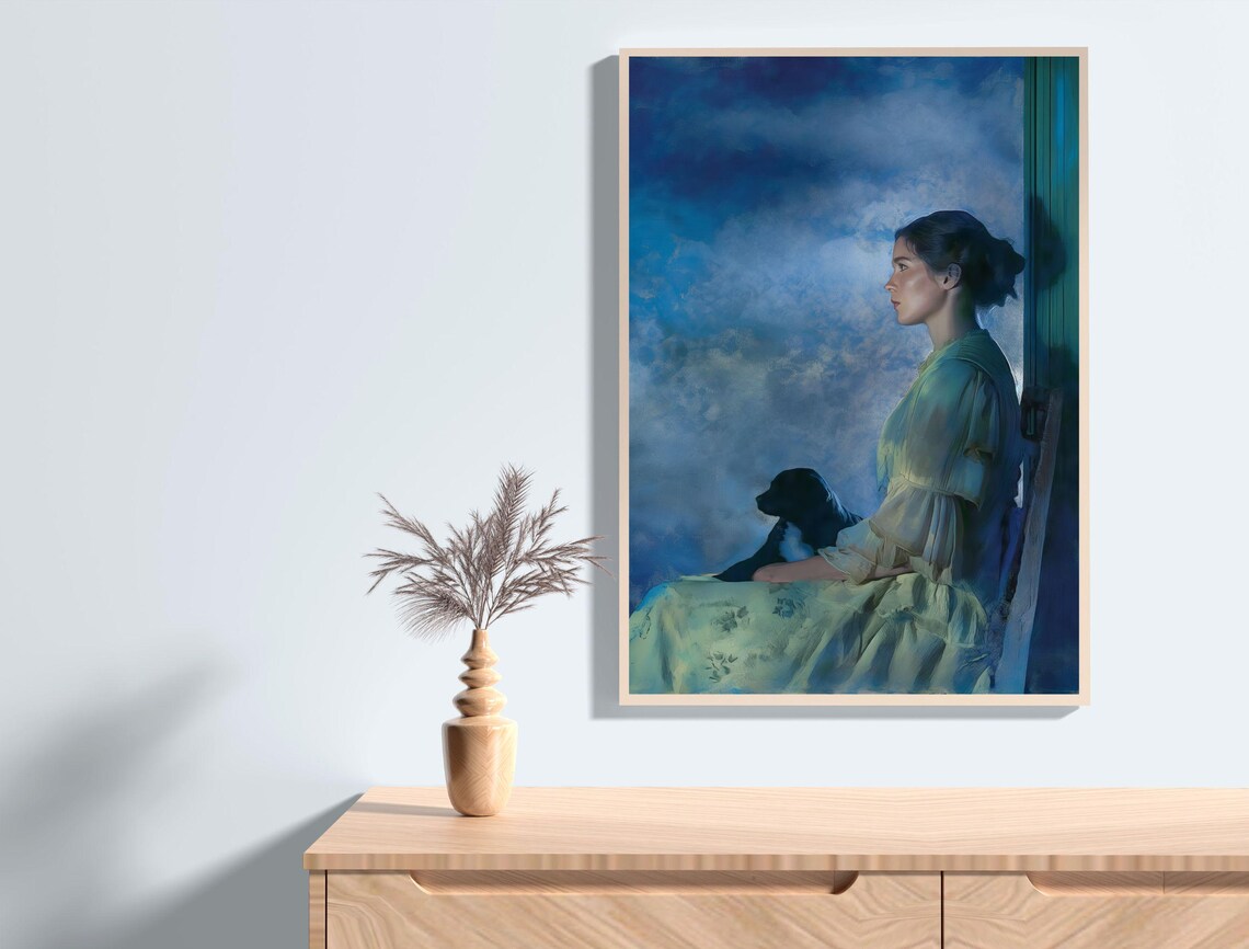 Blue Evening Moody Woman Portrait With Dog Vintage Painting Poster - Image 3