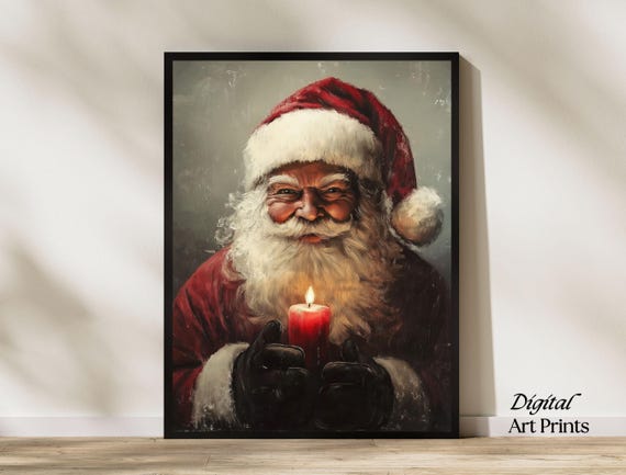 Moody Vintage Santa Wall Art Print Rustic Oil Painting Style Dark Christmas Decor Santa With Candle Cottagecore Print