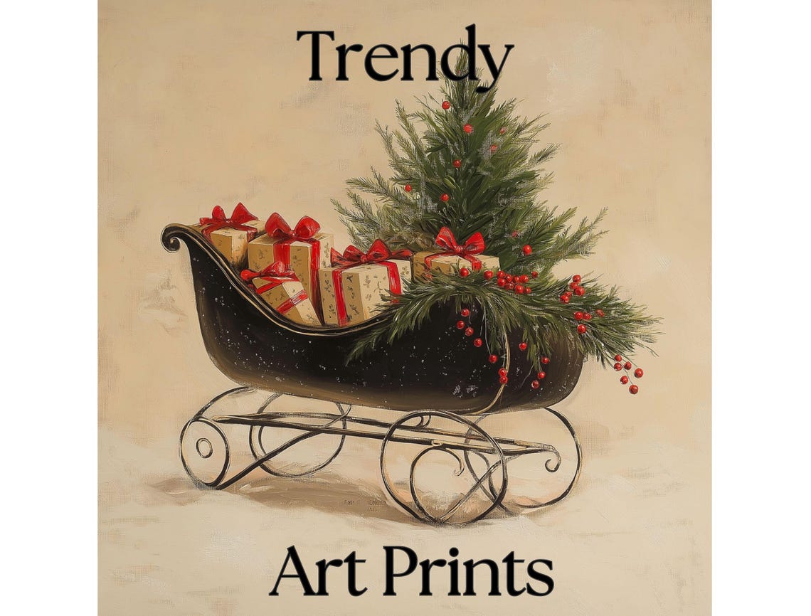 Vintage Christmas Sleigh with Gifts and Tree Rustic Holiday Poster - Image 4