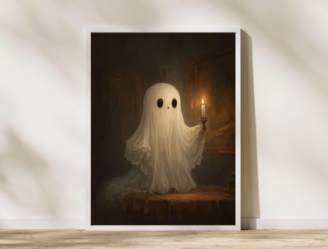 Cute Lace Trim Ghost Holding Candle Dark Room Halloween Poster - Image 6