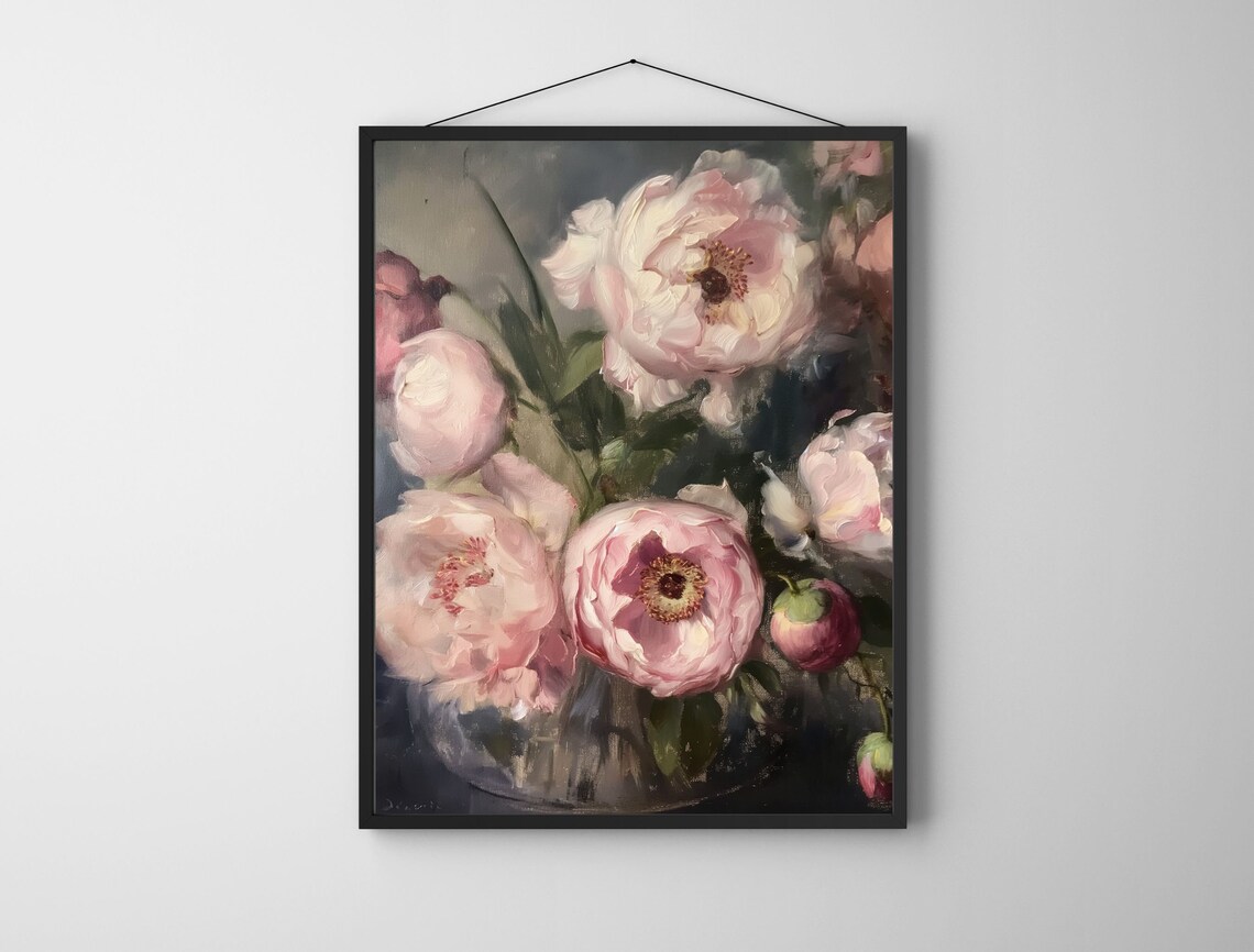 Lush Pink Peony Oil Painting Moody Floral Bouquet Art Poster - Image 7
