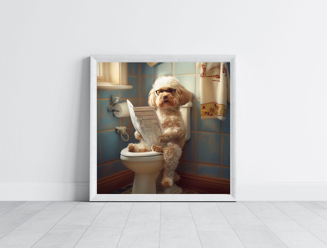 Funny Fluffy Dog with Glasses Reading Newspaper Bathroom Poster - Image 2