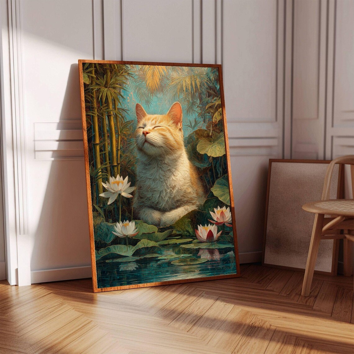 Meditating Orange Cat Lotus Pond Tropical Bamboo Garden Poster - Image 2